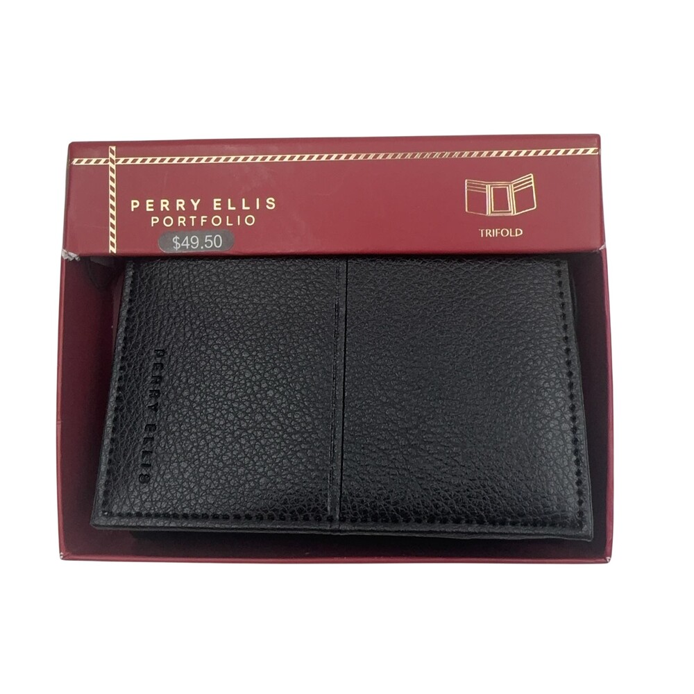 Perry Ellis Portfolio Wallet Mens Black Leather Trifold Card Holder Gift Box